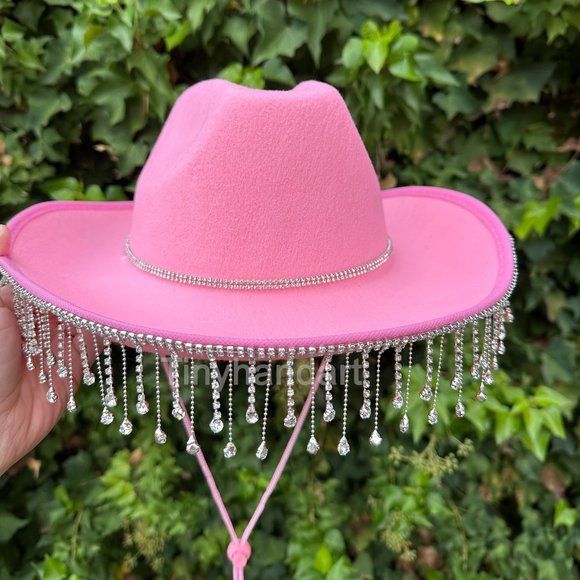Pink Diamond Fringe Cowboy /Cowgirl Hat,Rhinestone Fringe Double rhinestone band - Picture 1 of 10